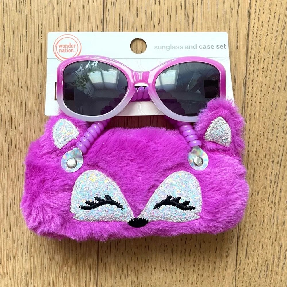 Girls Pink Sunglasses And Fuzzy Hot Pink Fox Case Set